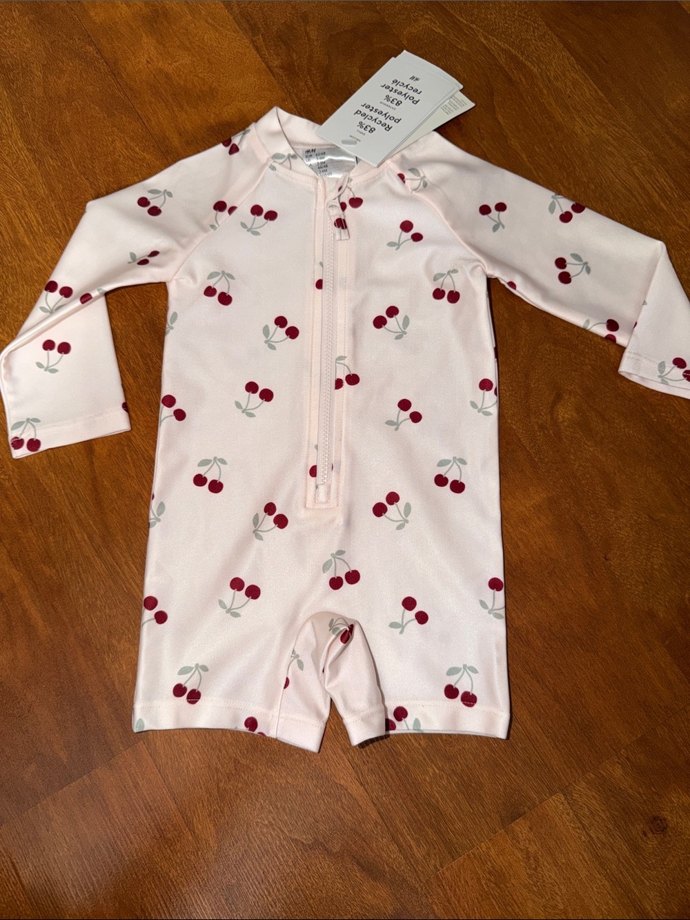 H&M Pink Cherry-Print Long Sleeve Swim Bodysuit